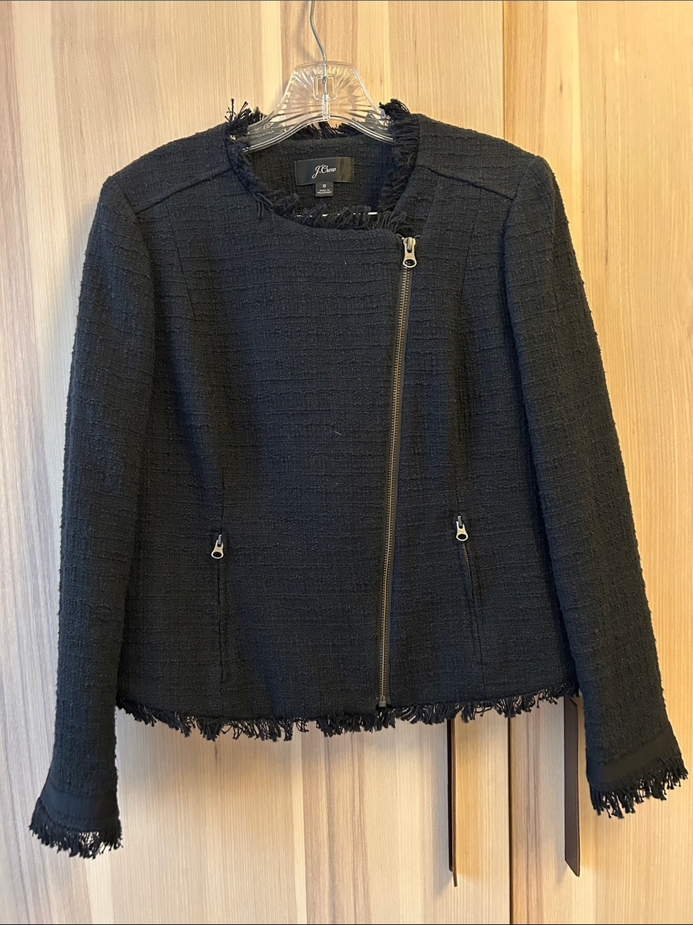 J.Crew Black Tweed Motorcycle Moto Jacket Fringe Size 8